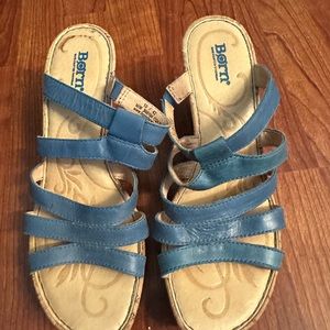 Born Leather Strappy High Cork Wedge Sandals Sz 10 / 42. Excellent condition.